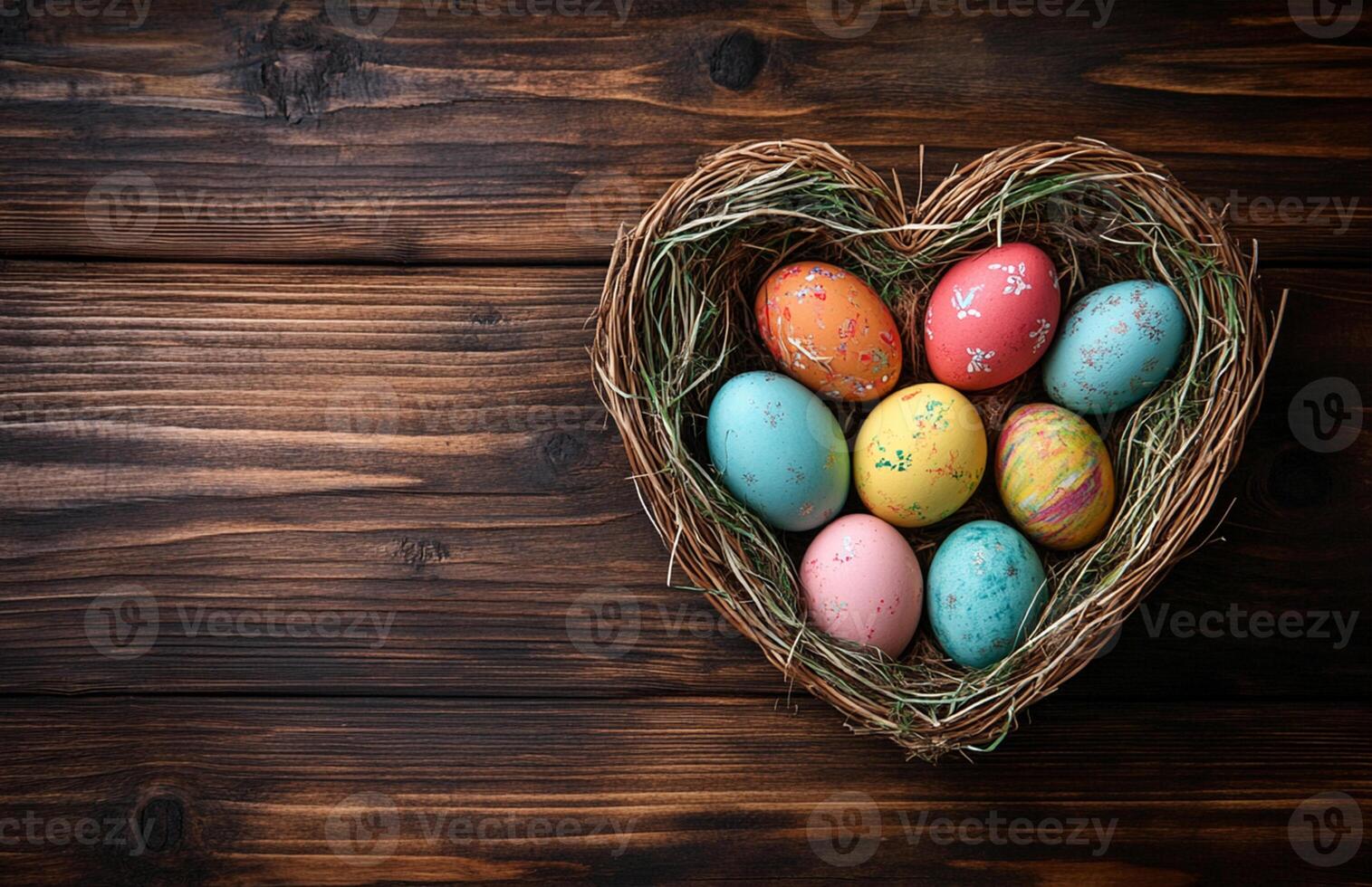 Easter Eggs in a Heart Basket on Rustic Wooden Background, Top View photo