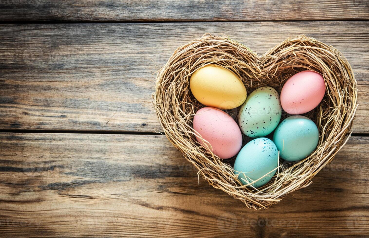Realistic Easter Eggs in Heart Basket on Wooden Background, Top View photo