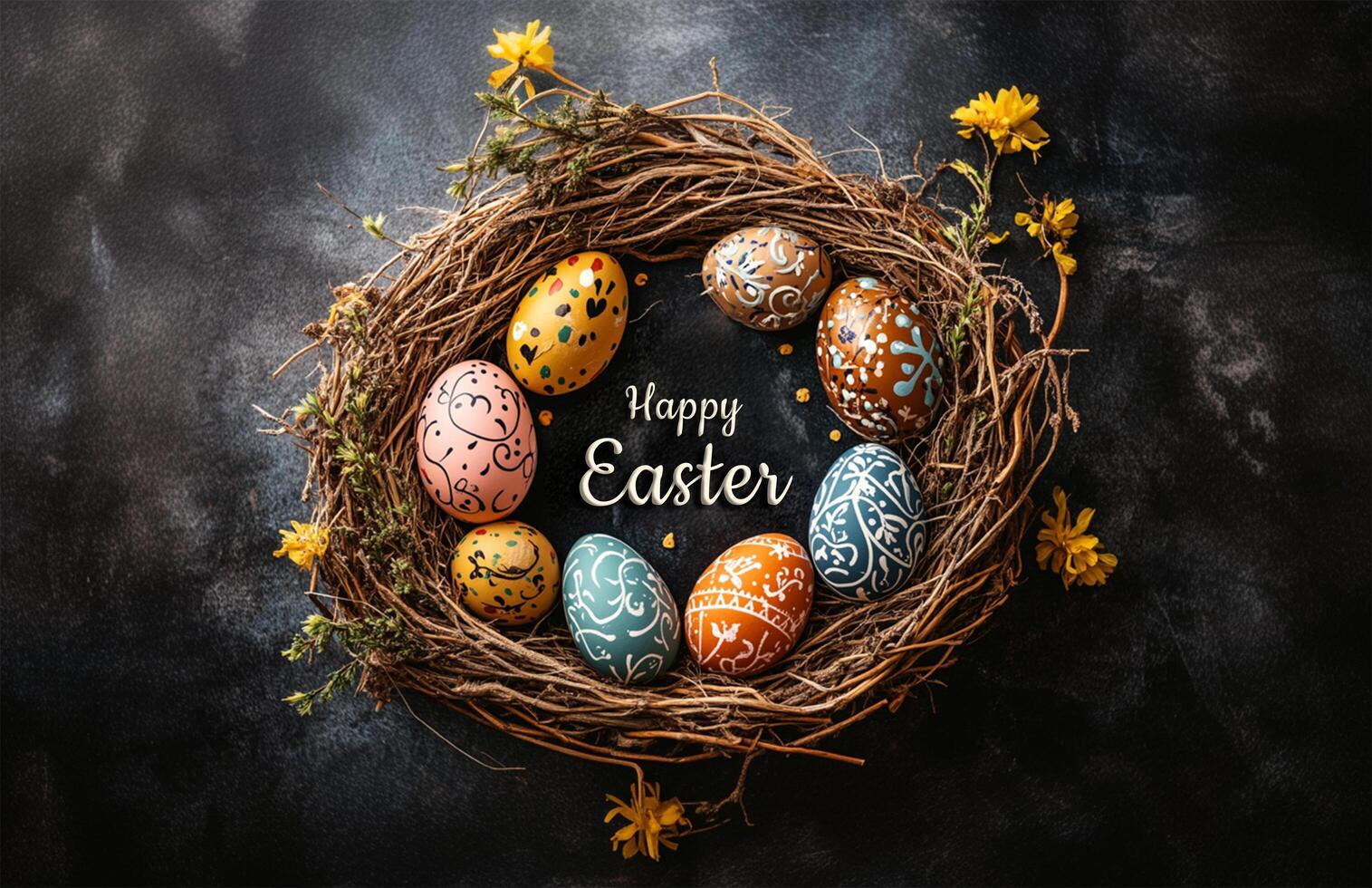Easter Nest with Colorful Eggs and Happy Easter Text on Concrete Wall photo