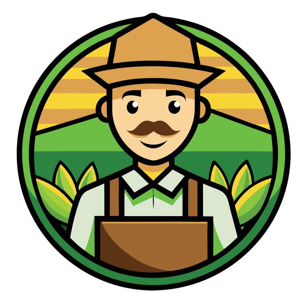 Cartoon Farmer Icon with Straw Hat, Moustache, and Brown Overalls in Circle vector