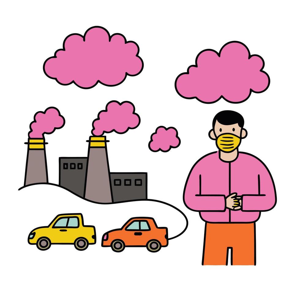 Cartoon Man Wearing Face Mask with Factories and Cars Polluting Air vector