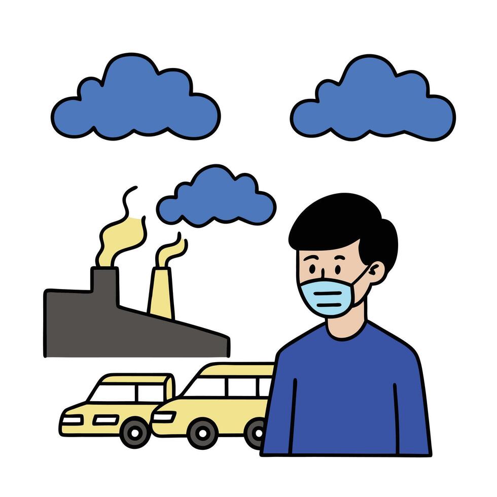 with Factory, Cars, and Man in Mask with Blue Clouds on White vector