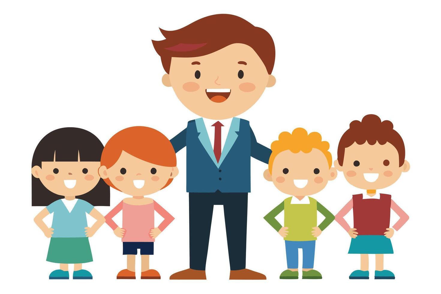 Happy Cartoon Father in Suit with Four Children on White Background Flat Design vector