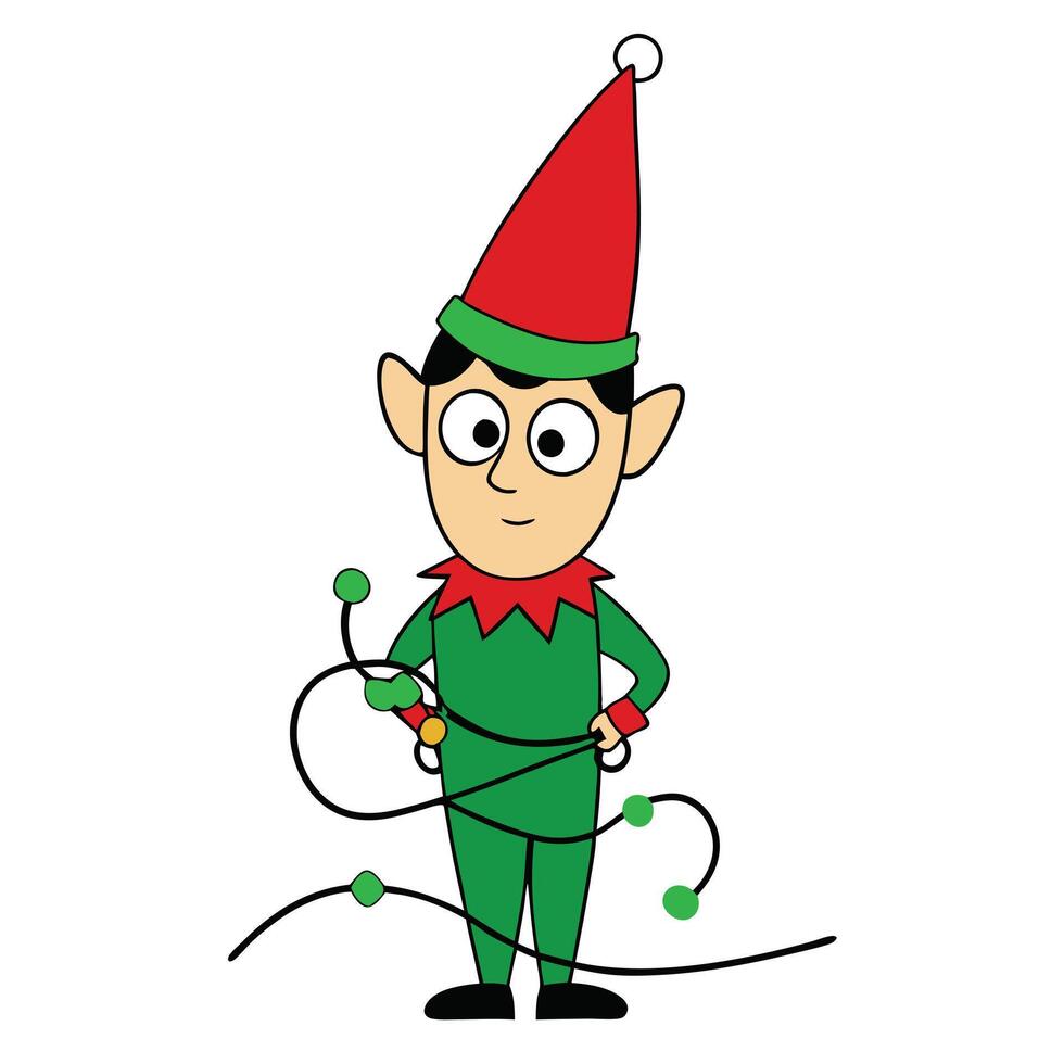 Cartoon Elf with Red Hat and Green Outfit Holding String of Christmas Lights on White vector