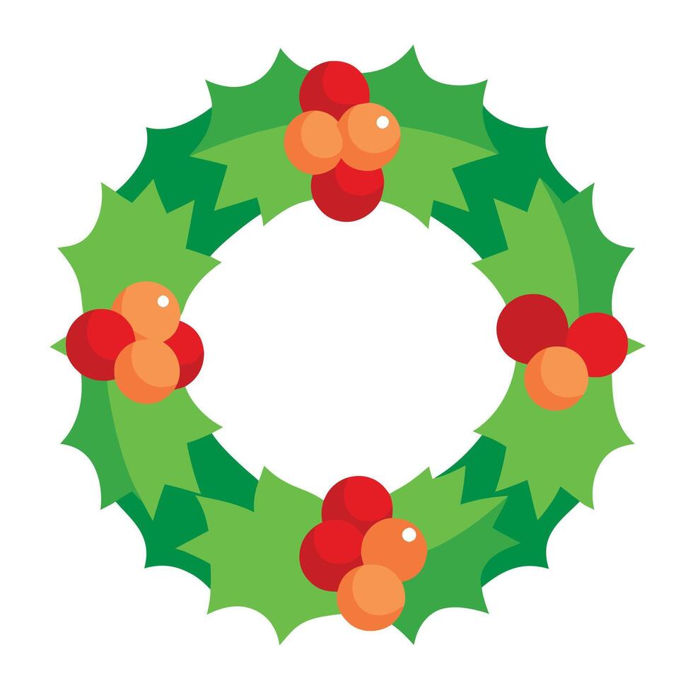 Festive Green Holly Leaves with Red and Orange Berries, Isolated on White Background vector
