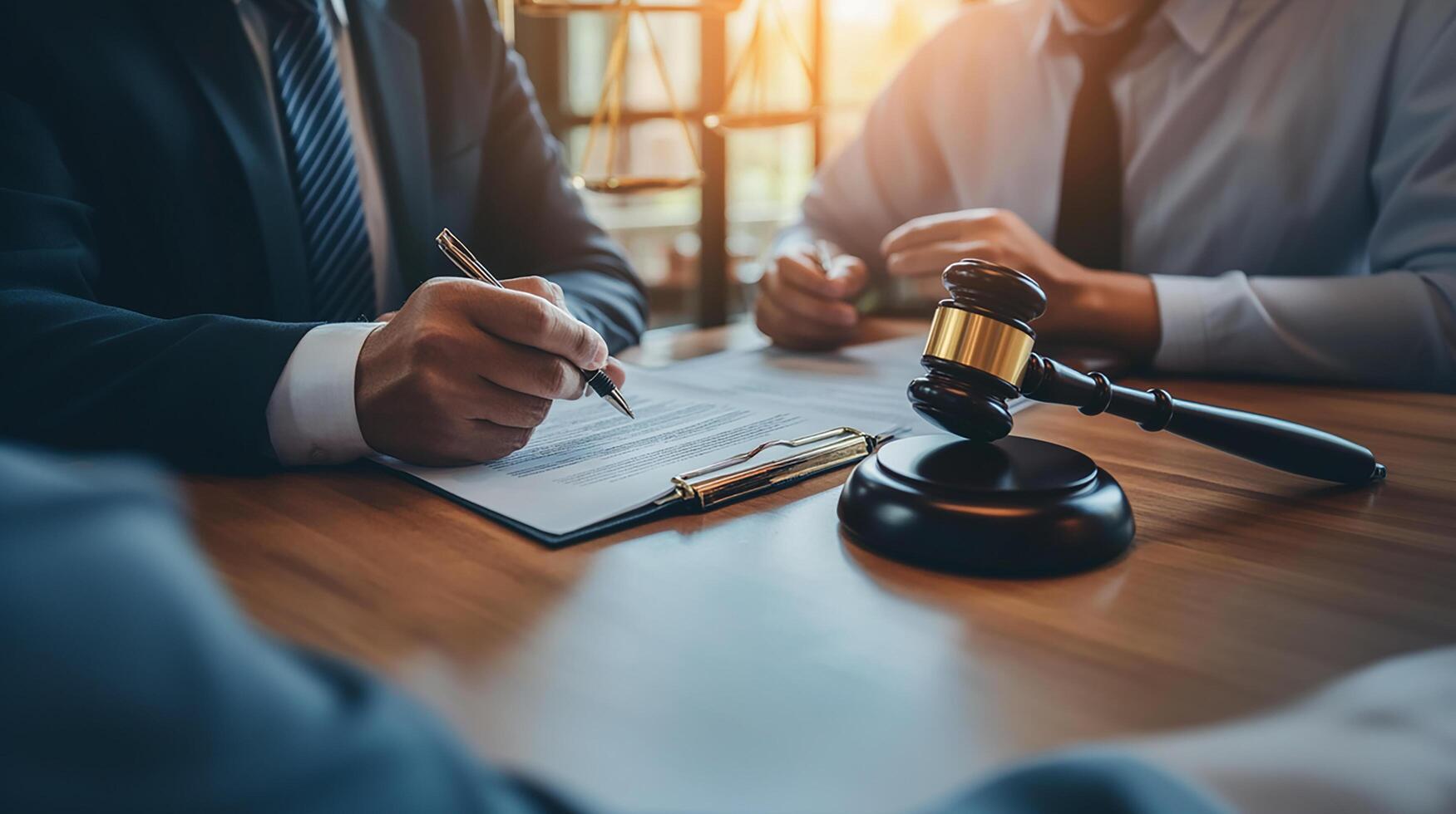 Legal professionals discussing agreements in a modern office setting during daylight hours photo
