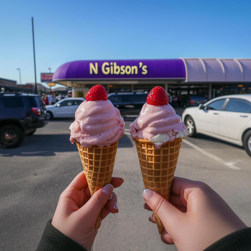 Two hands holding pink ice cream cones with strawberries in front of N Gibsons on a sunny day photo