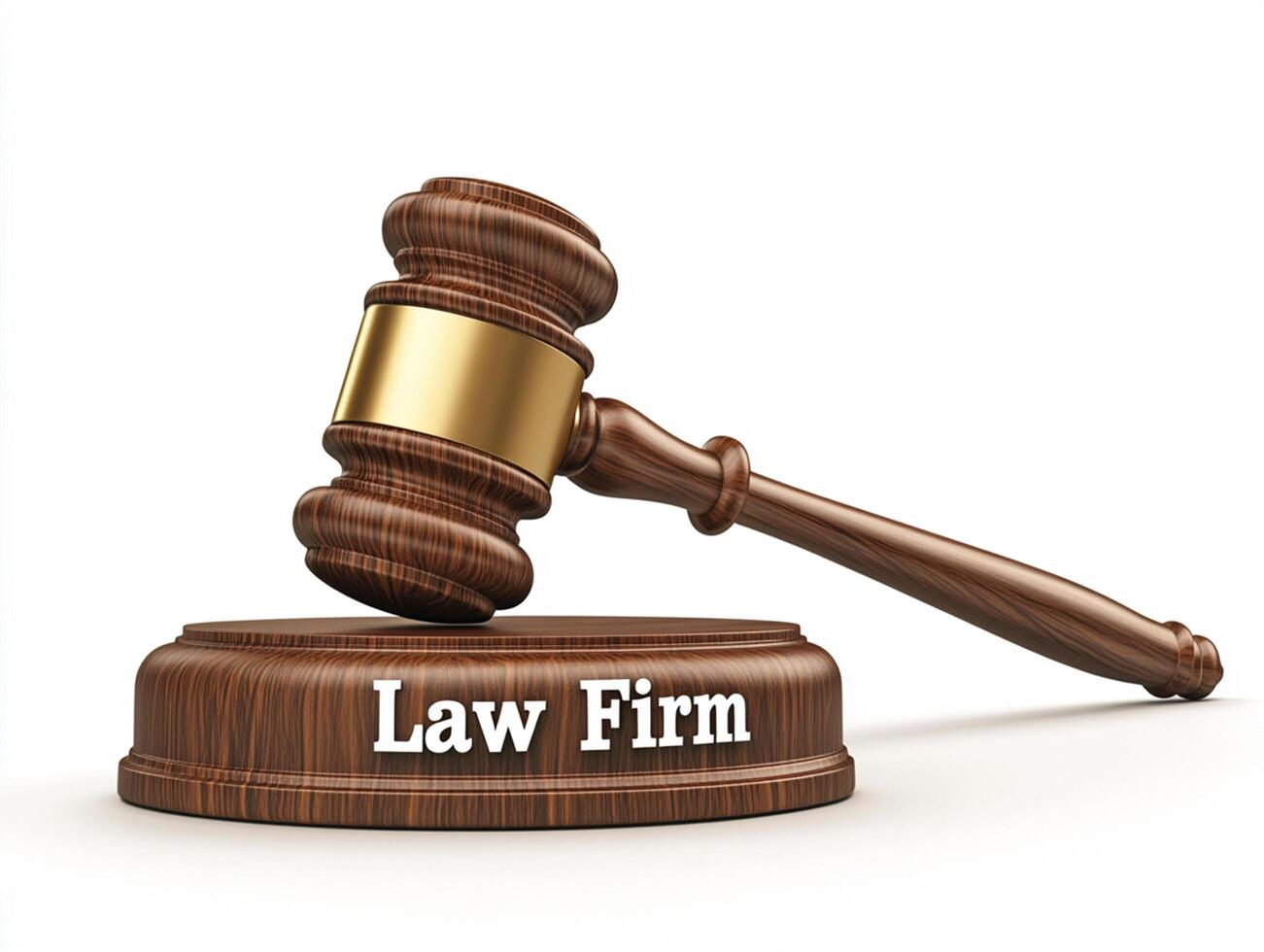 Wooden gavel rests on a base labeled law firm, symbolizing justice and legal services in a professional setting photo