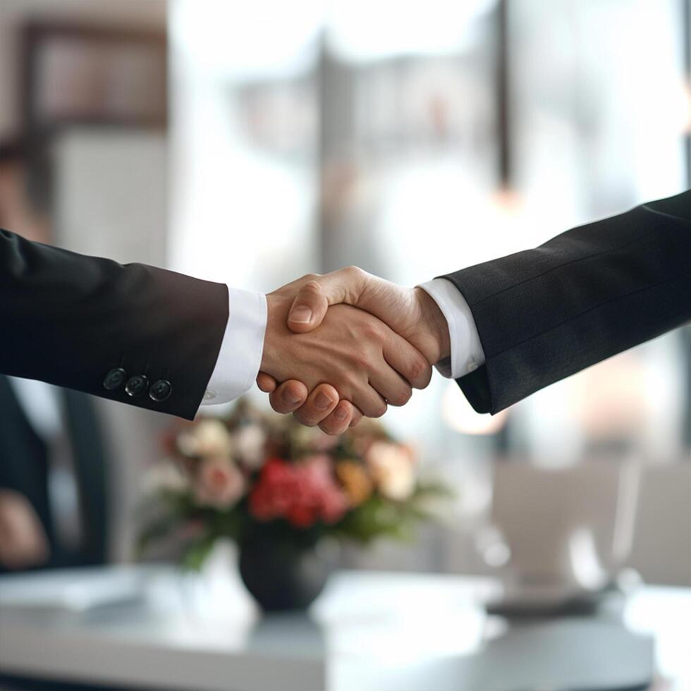 Business professionals shaking hands during a meeting in a modern office setting in the afternoon photo