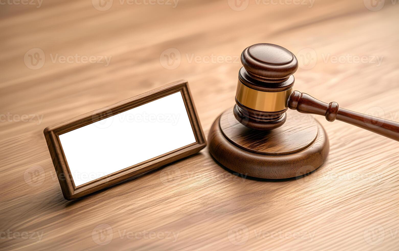 Law and Justice Concept - Empty Nameplate and Wooden Gavel photo