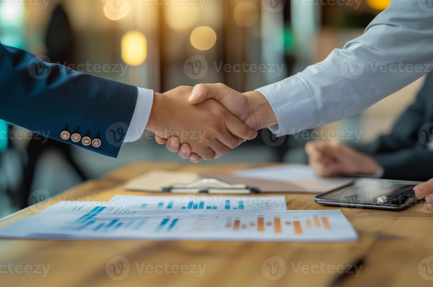 Business professionals engage in a handshake during a meeting in a modern office workspace in daytime photo