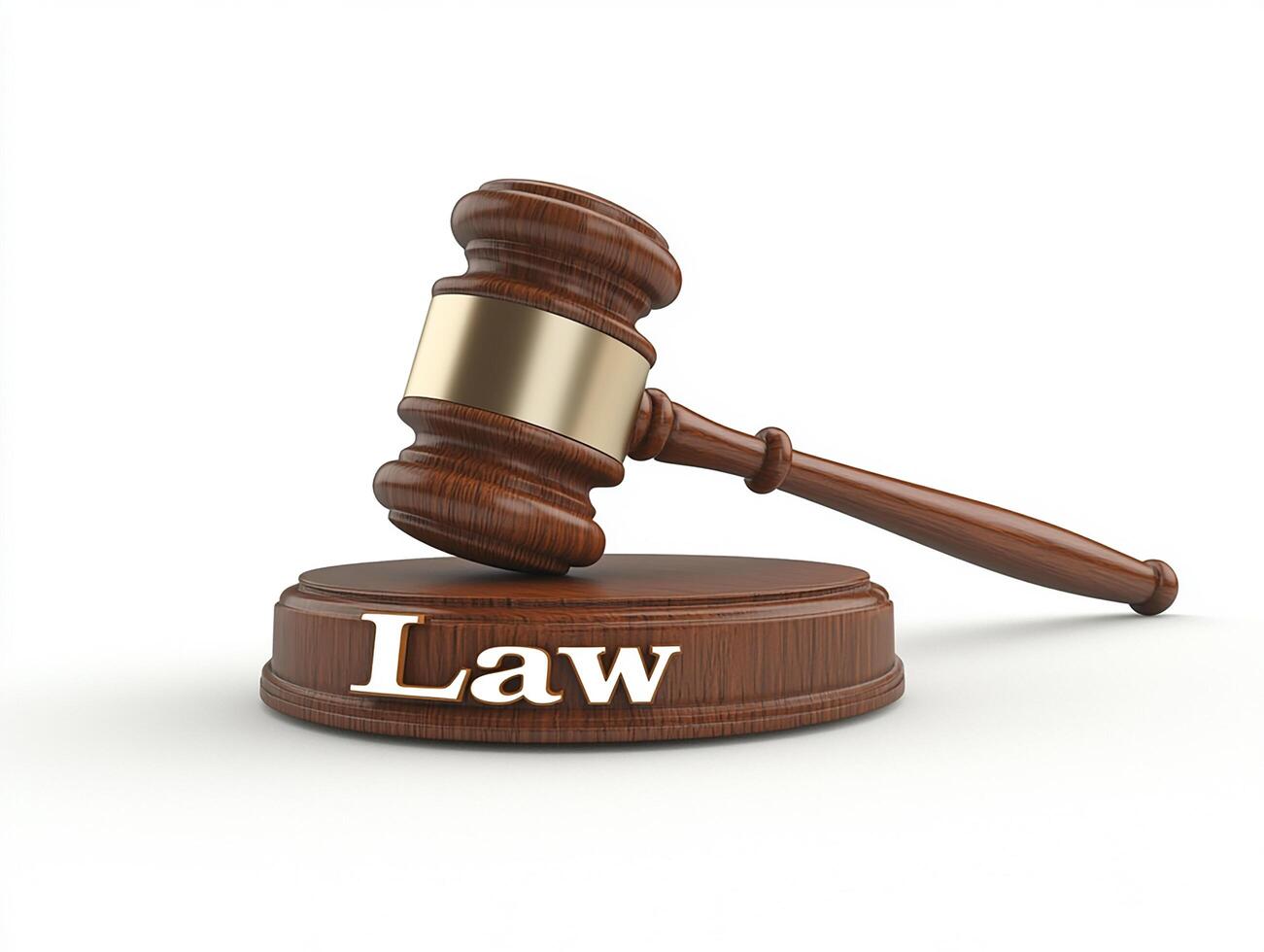 Wooden gavel resting on a circular base with the word law, symbolizing justice and legal proceedings in a courtroom setting photo