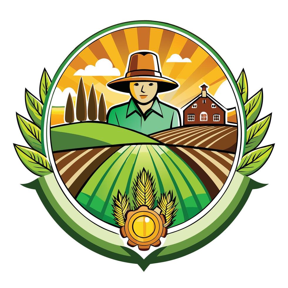 Cartoon Farmer in Field with Crops, Agriculture Building and Leaves Icon vector