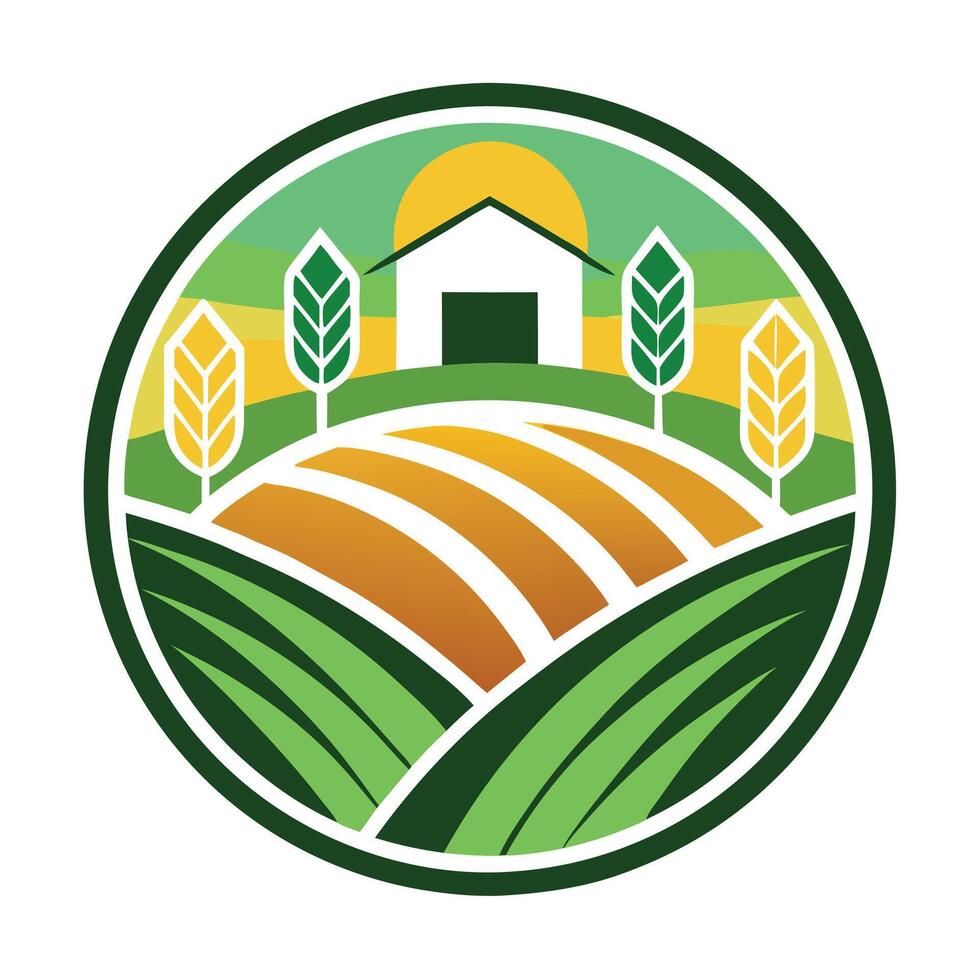 Farm Landscape with Barn, Wheat, and Sunrise in Green Circle Isolated on White vector