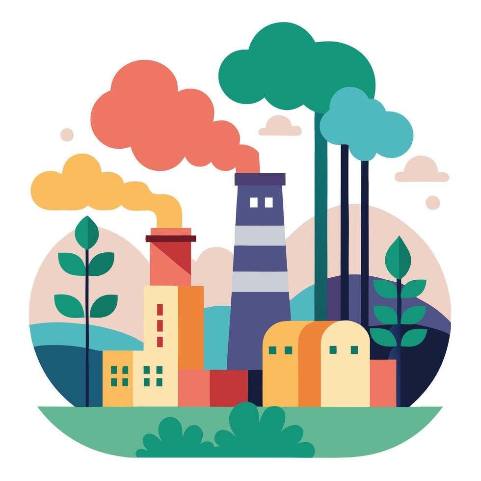 Flat Industrial with Colorful Smoke, Trees and Buildings on White vector