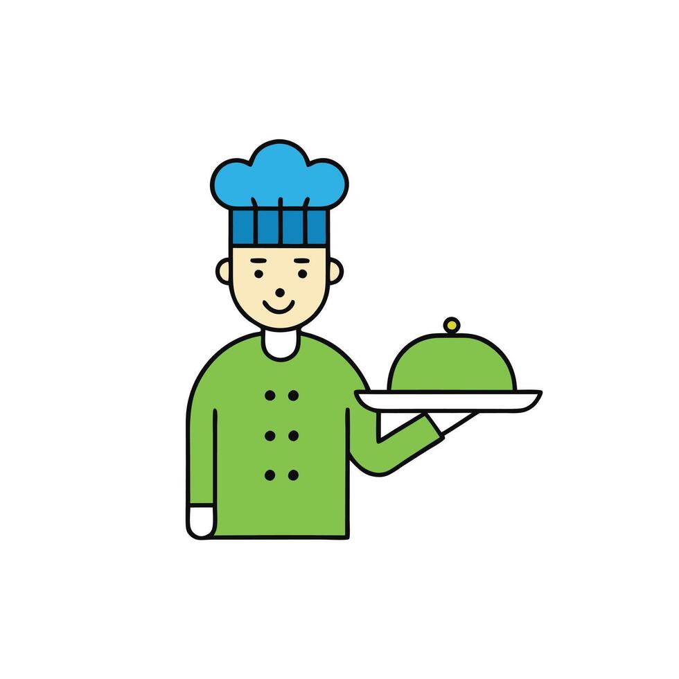 Cheerful Chef Holding Dish Cover in Green Uniform on White Background vector