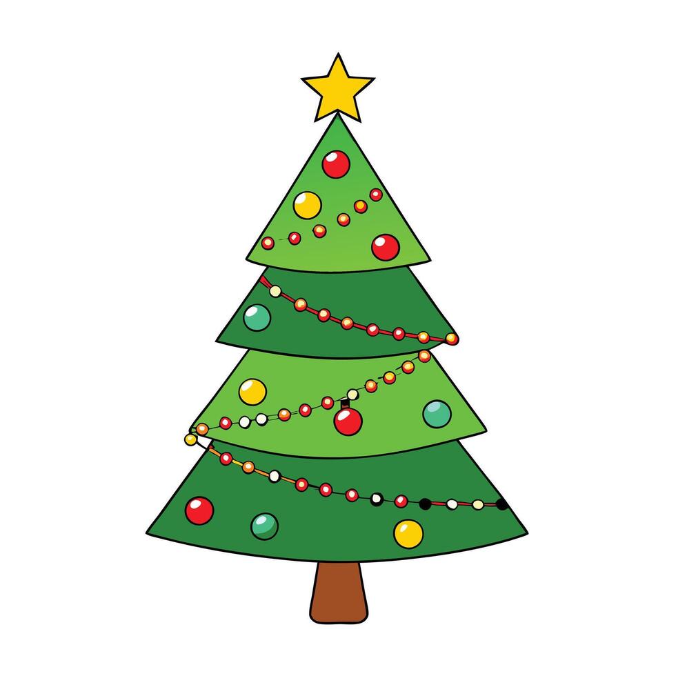 Cartoon Christmas Tree Decorated with Baubles, String Lights, and Star on White vector