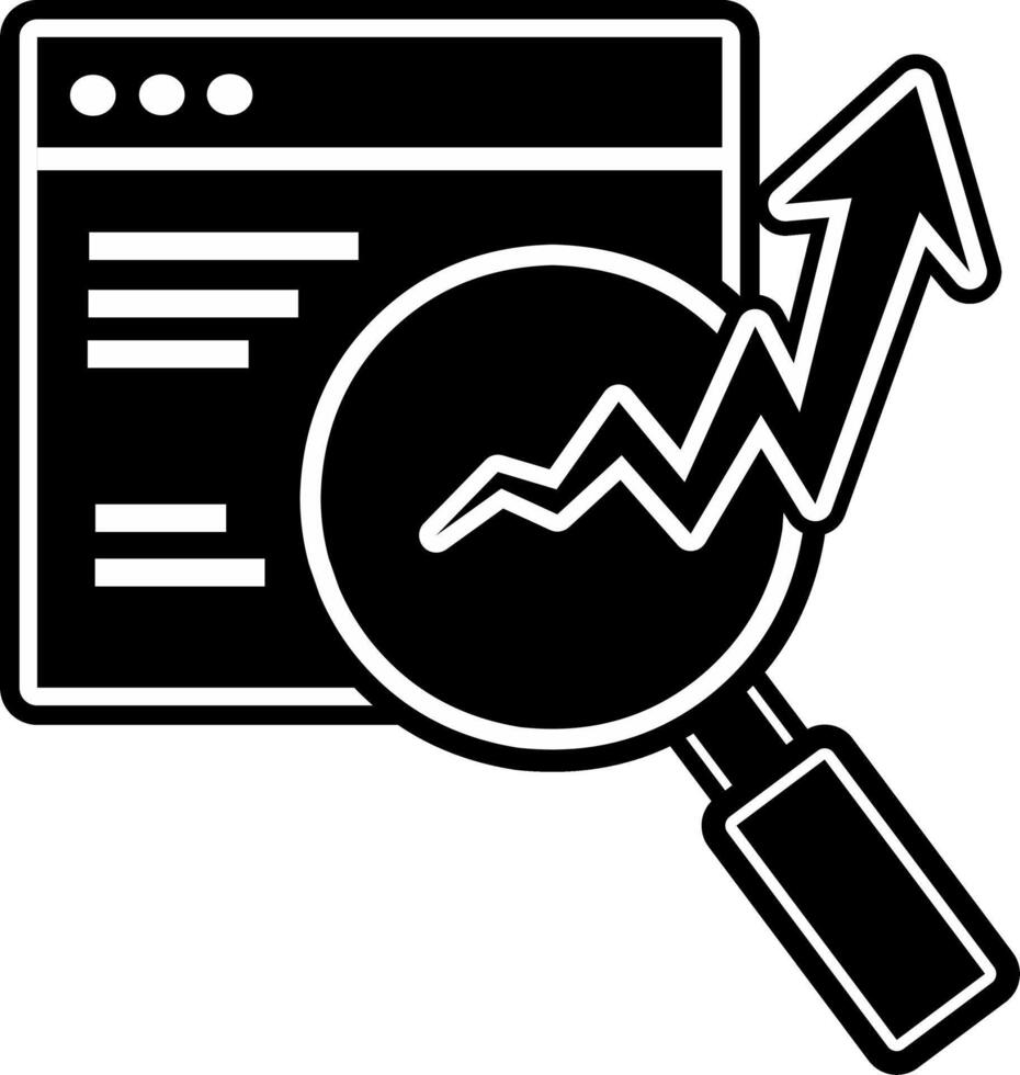 SEO analytics black varian icon. Magnifying glass with rising graph over webpage. Ideal for digital marketing, search optimization, business growth, and web traffic analysis concepts. vector