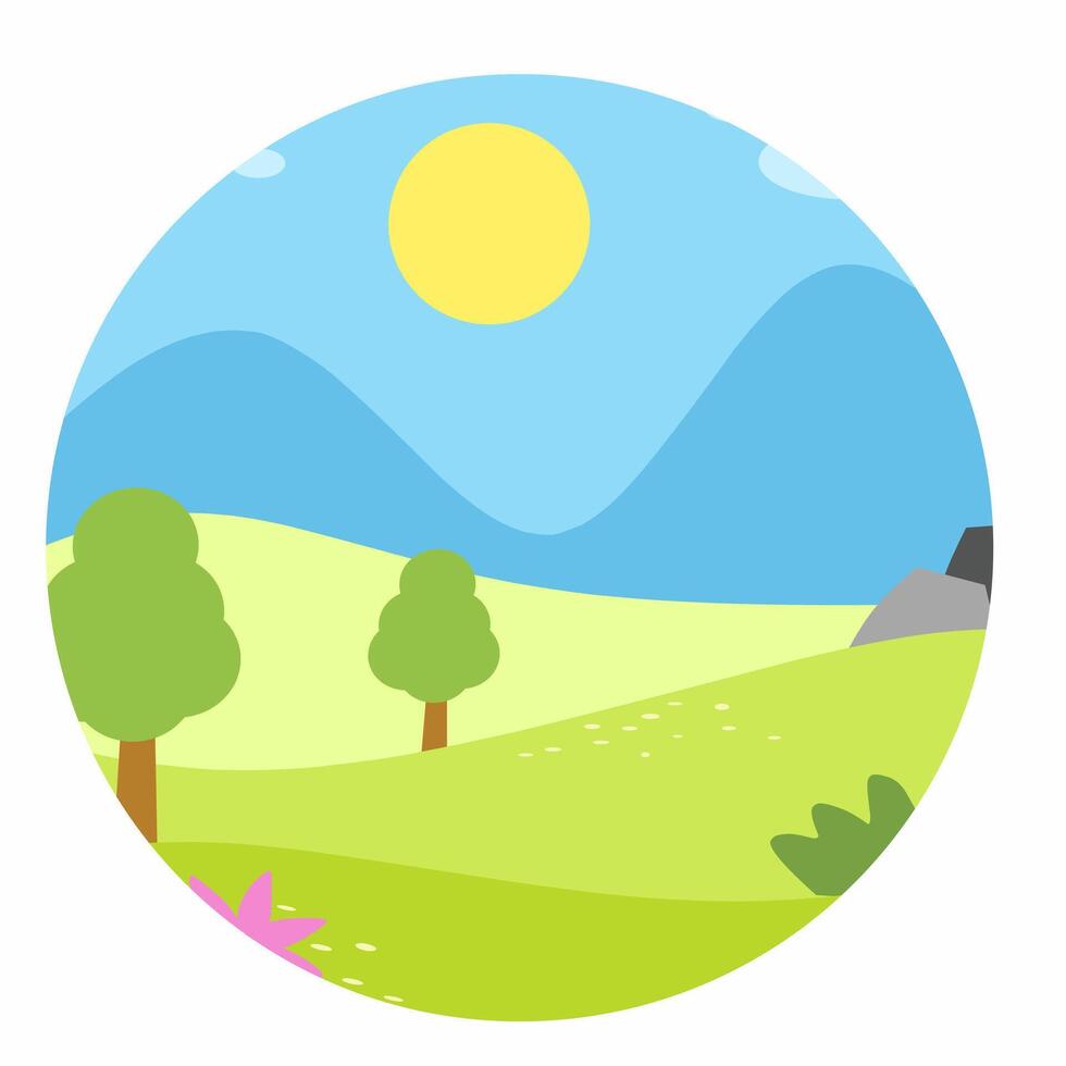 Illustration of a sunny landscape with green hills, trees, mountains, and a bright sun in the sky. Perfect for nature, outdoor, travel, and eco-friendly concepts. vector