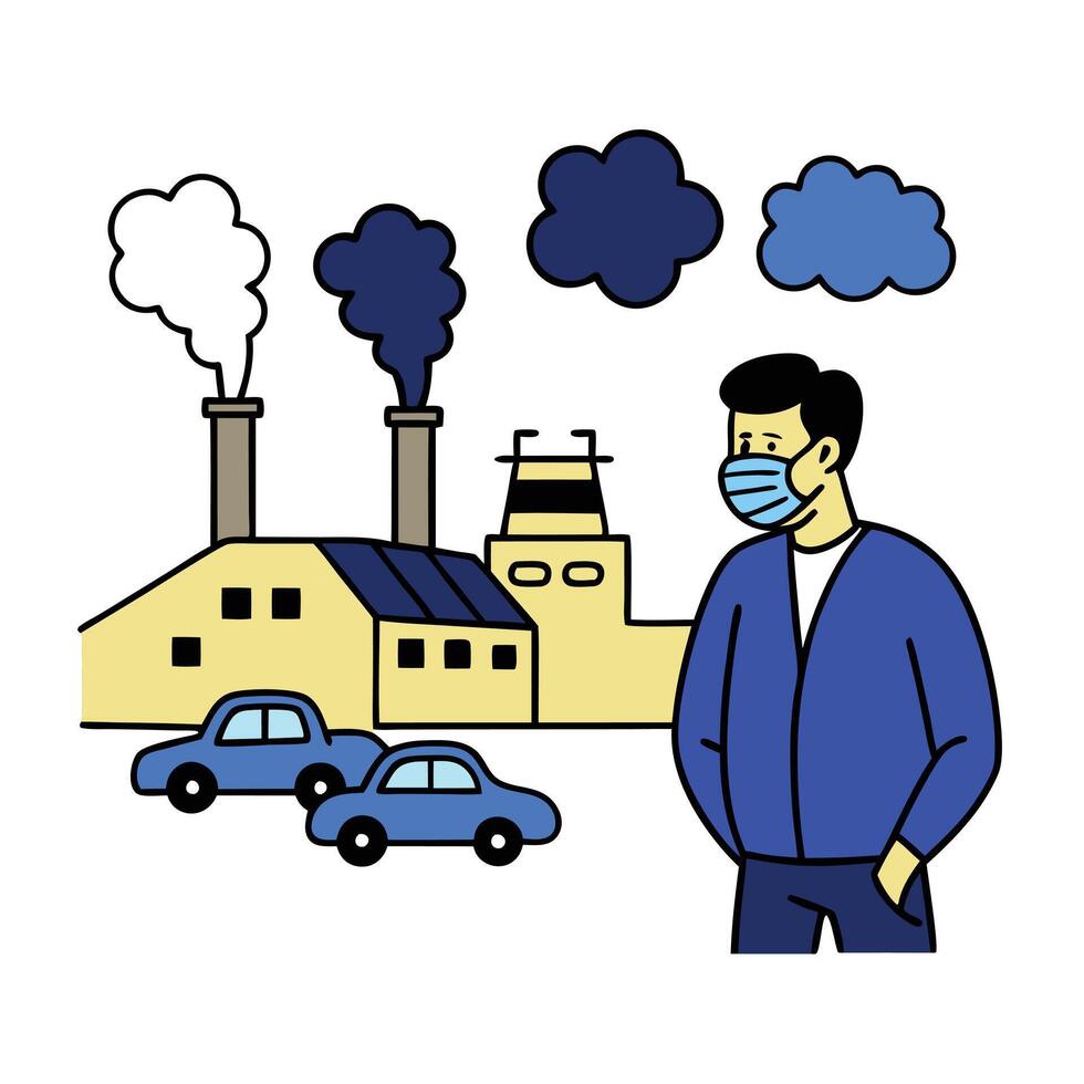 Man in mask near factory with cars, and smog clouds on white background vector