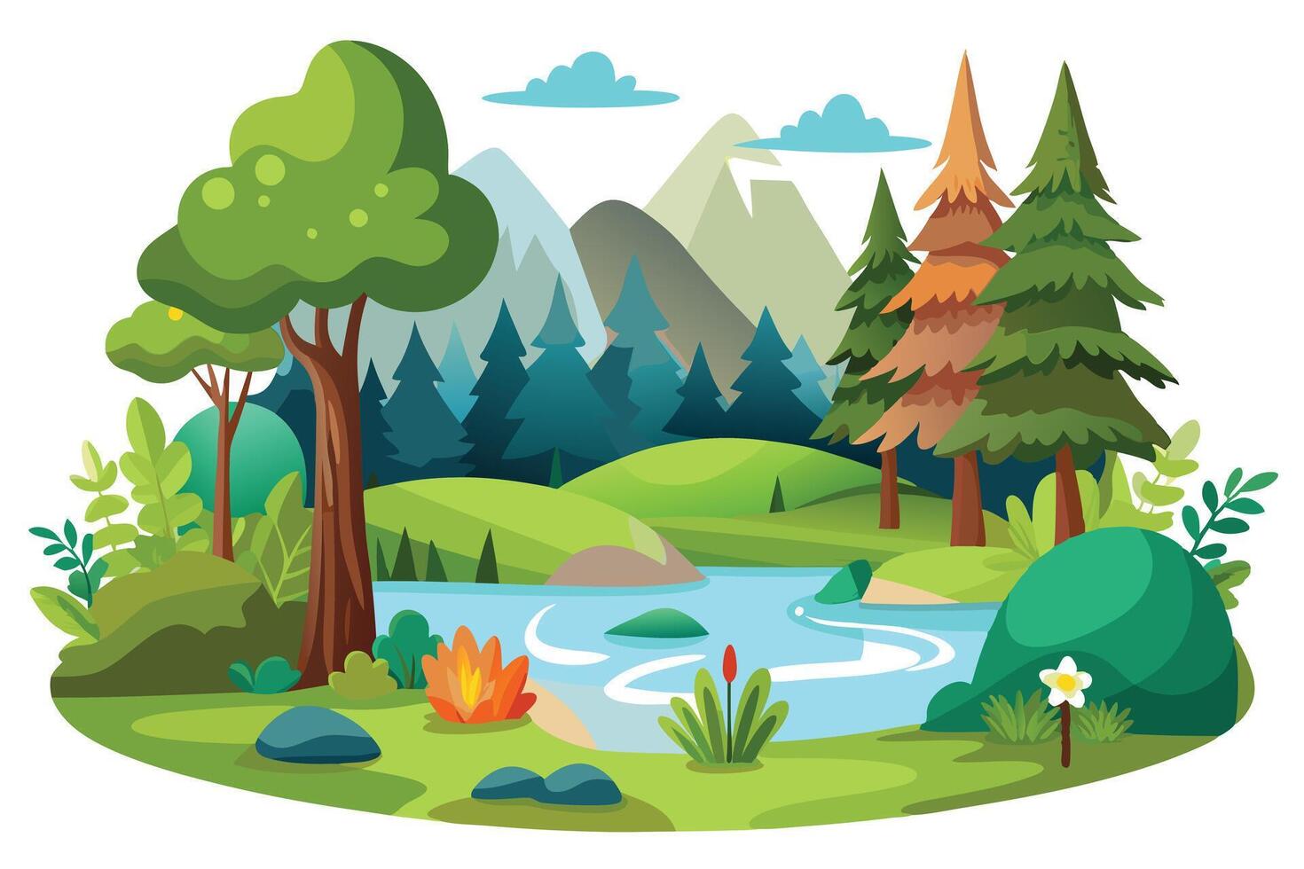 Cartoon Lake with Mountains and Evergreen Trees on a White Background Landscape vector