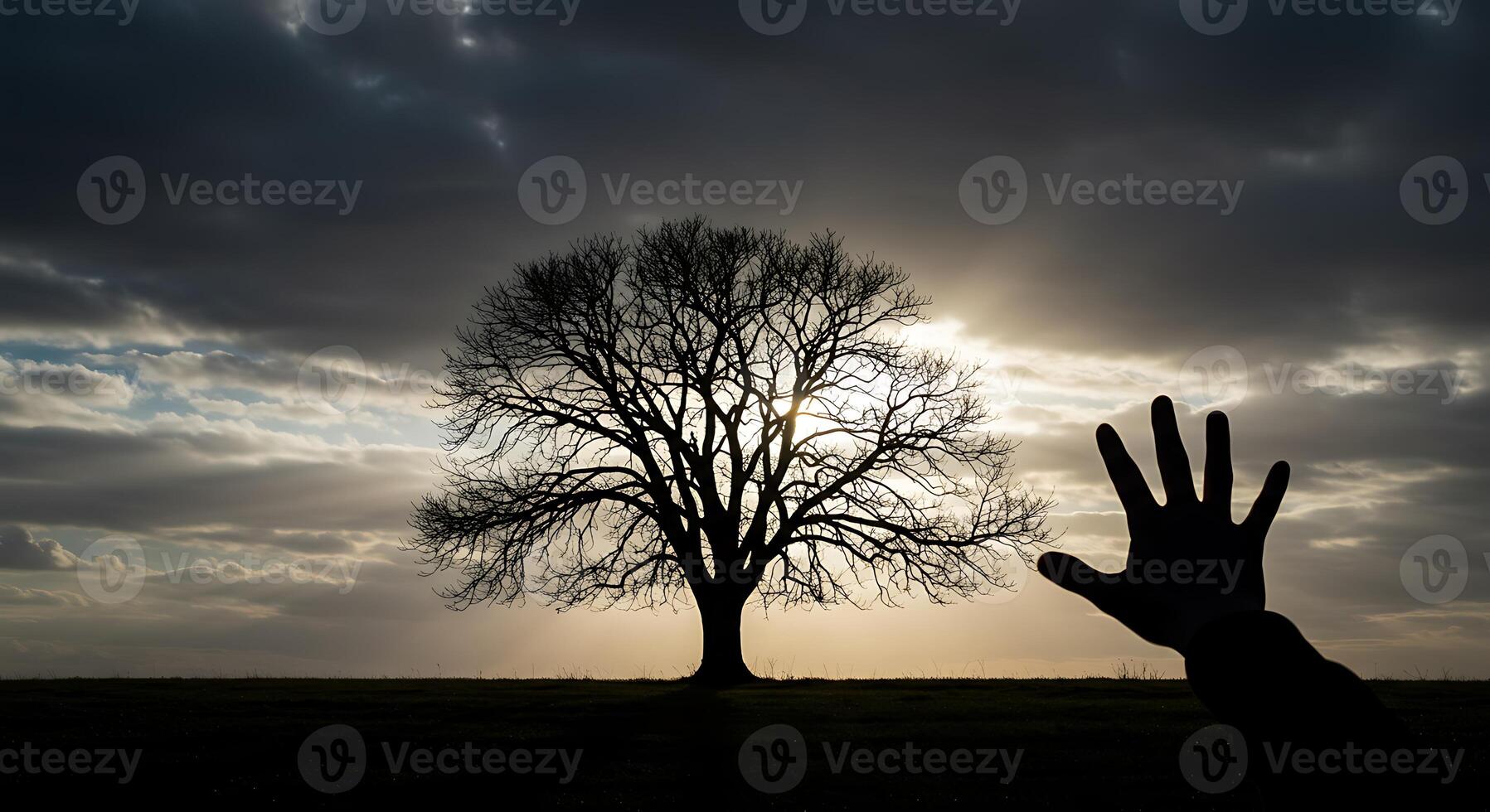 Silhouette of a lone tree and a reaching hand under a dramatic sunset sky photo