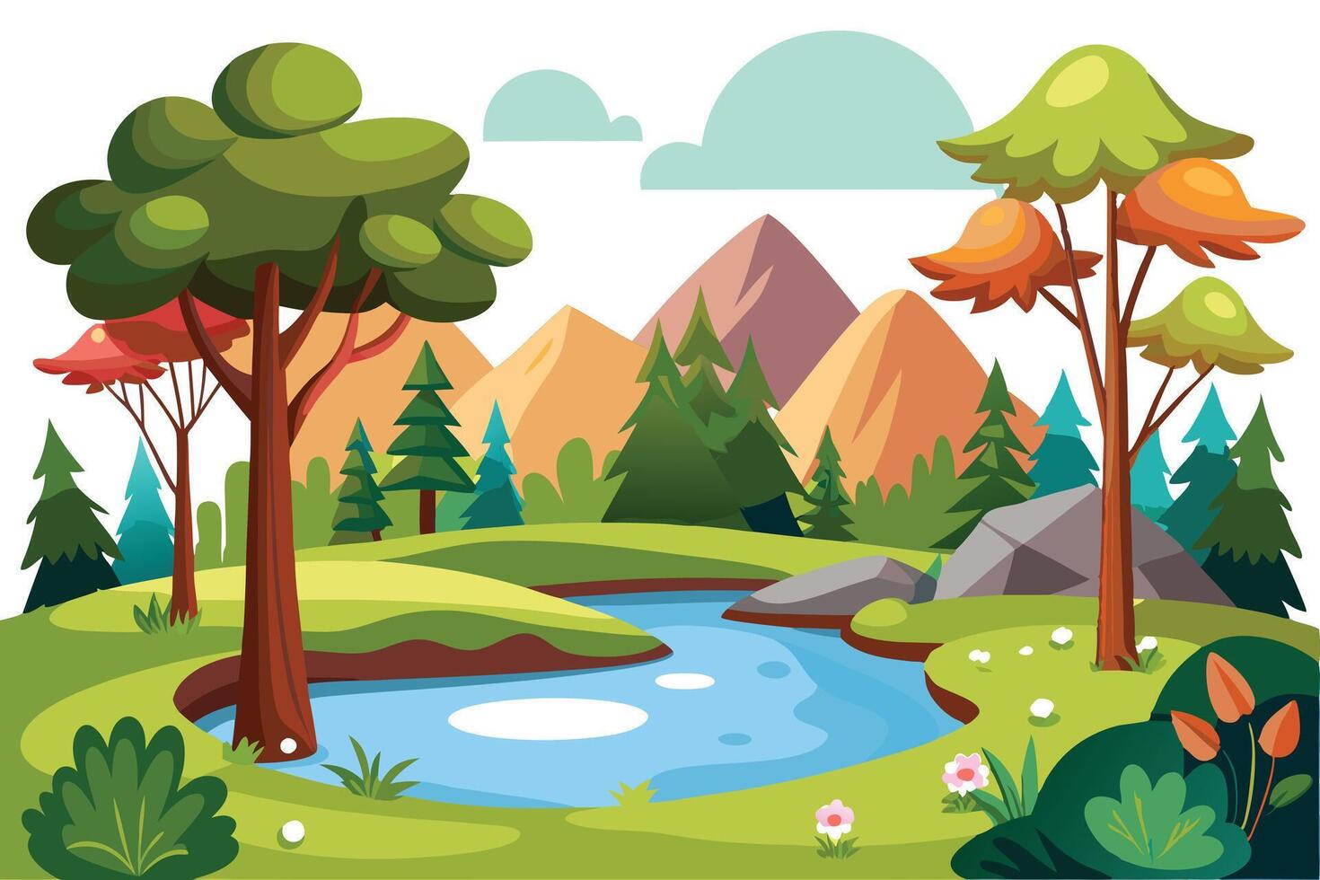 Cartoon Landscape with River, Trees, Mountains and Clouds on White Background vector