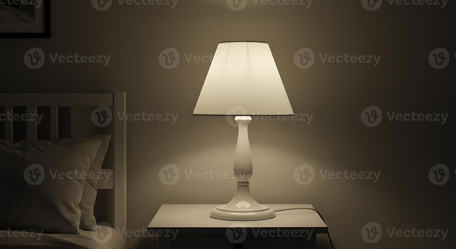 Serene Nighttime Bedroom Scene with Illuminated Table Lamp photo