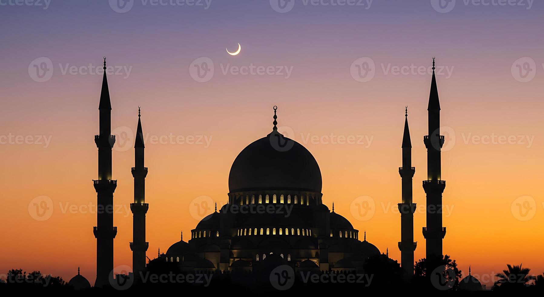 Silhouette of a Mosque at Sunset with Crescent Moon photo