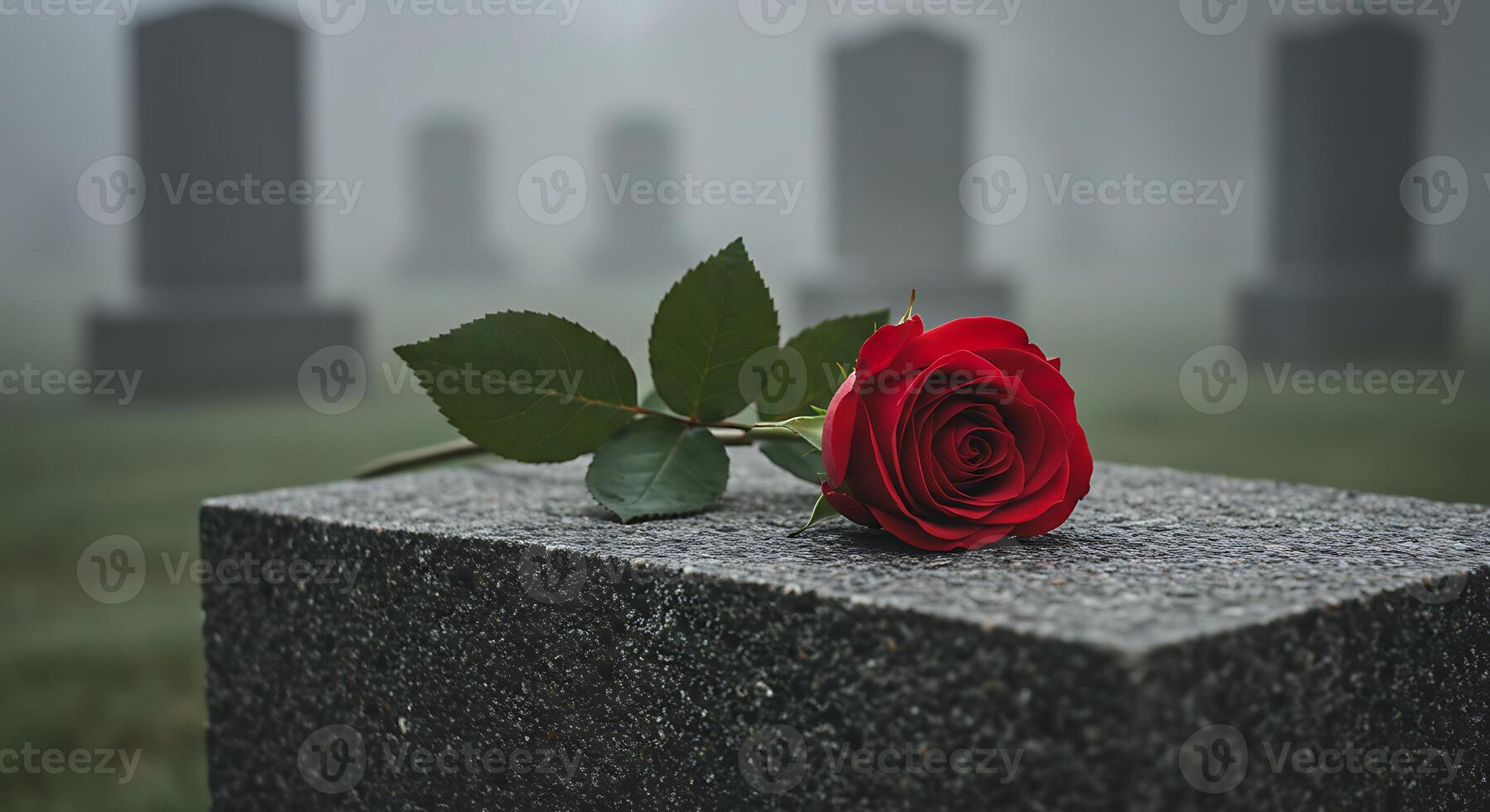 A single red rose rests on a granite gravestone in a misty cemetery, a poignant symbol of remembrance and loss. photo