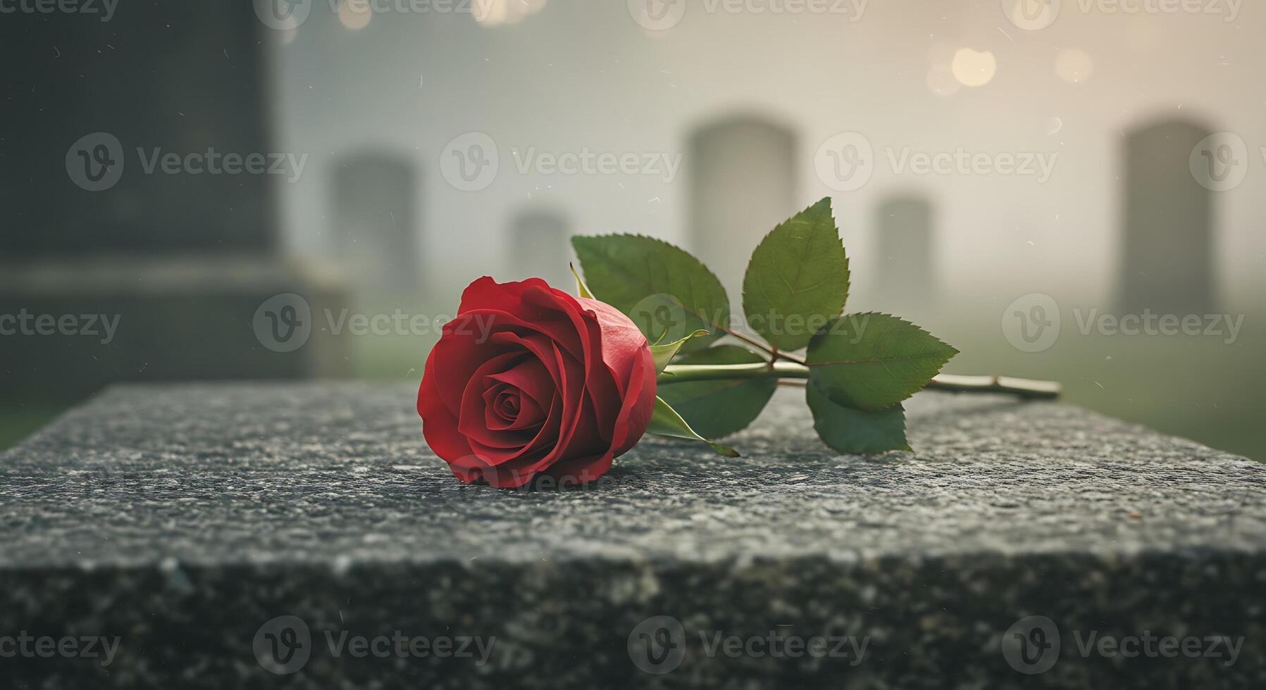 A single red rose rests on a granite headstone in a misty graveyard, a poignant symbol of remembrance and loss. photo