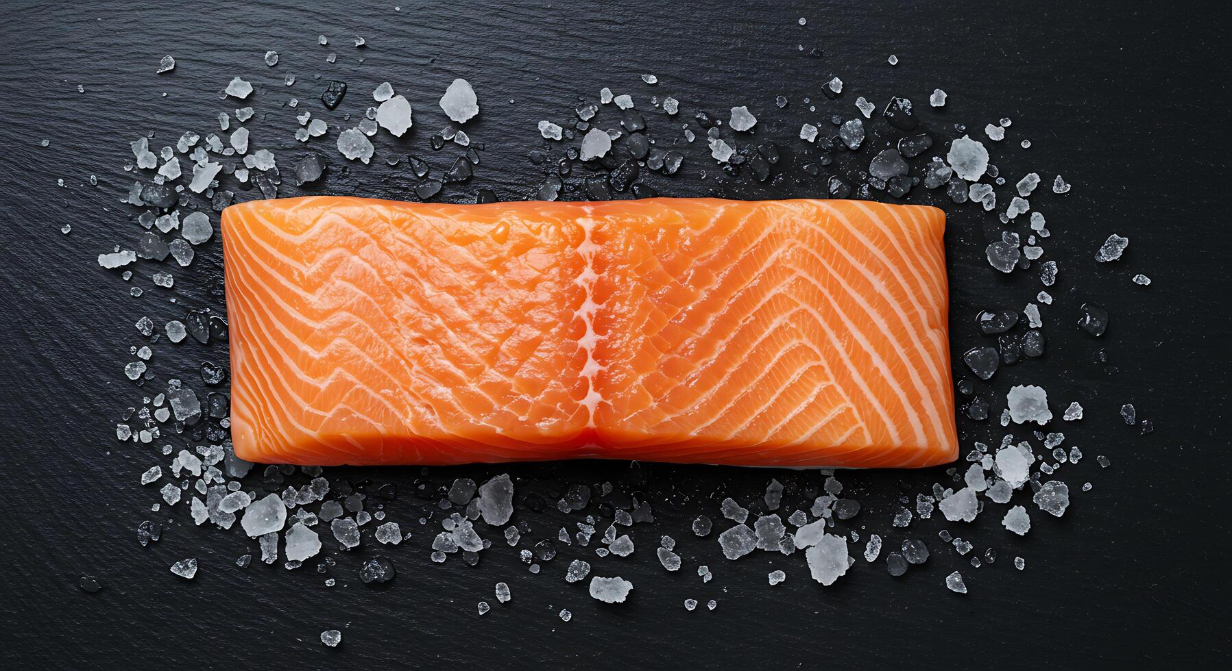 Fresh Salmon Fillet on Black Slate with Sea Salt photo