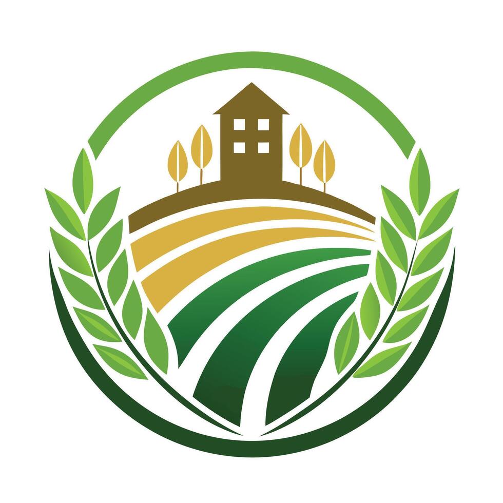 Farm House on Hill Surrounded by Fields and Green Leaves in a Circle Design vector