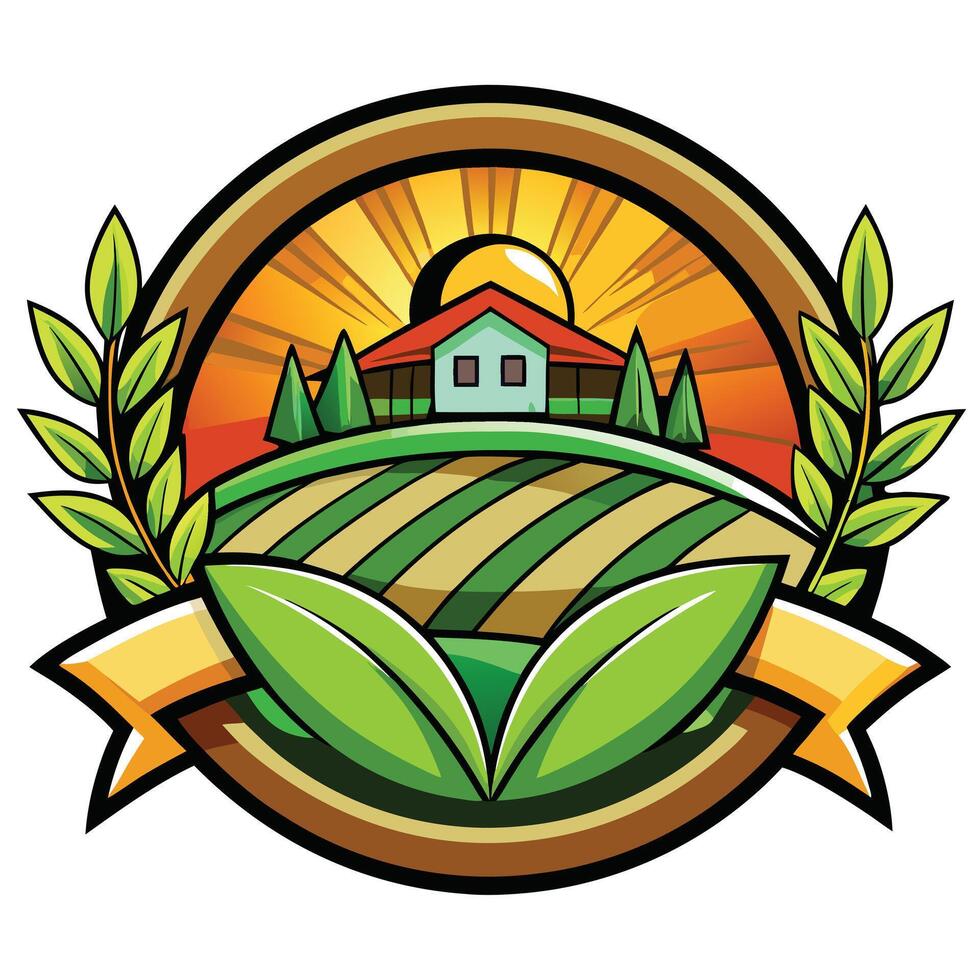 Farmhouse with Field in Retro Circle Badge with Sunburst, Olive Branches, Leaves vector