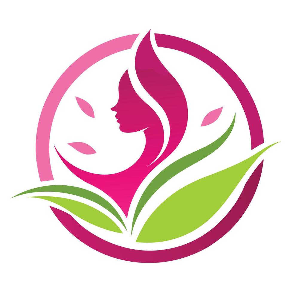 Elegant Woman Face Profile with Green Leaf and Circle in Pink on White Background vector