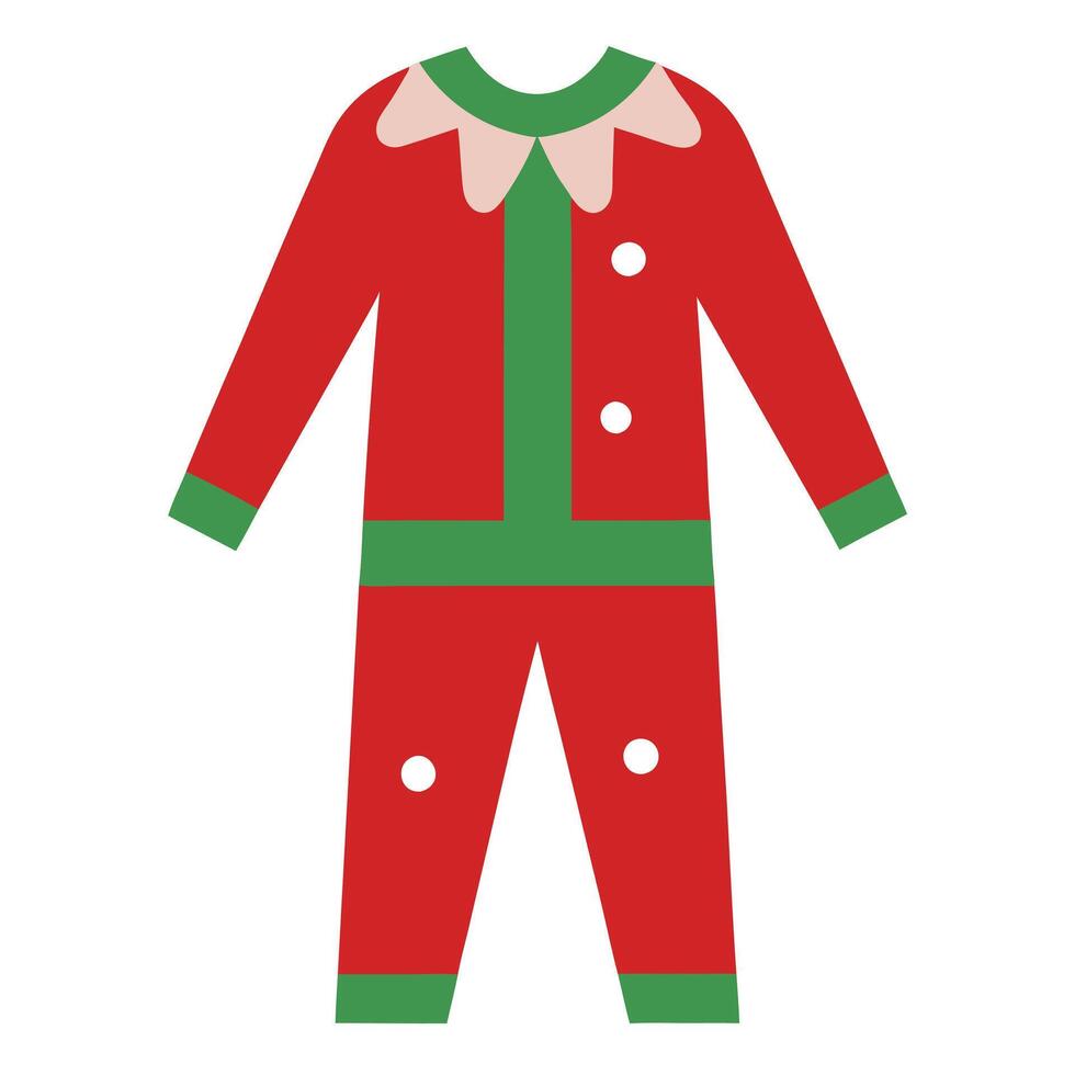 Red Elf Costume Flat with Green Trim and White Buttons on White Background vector