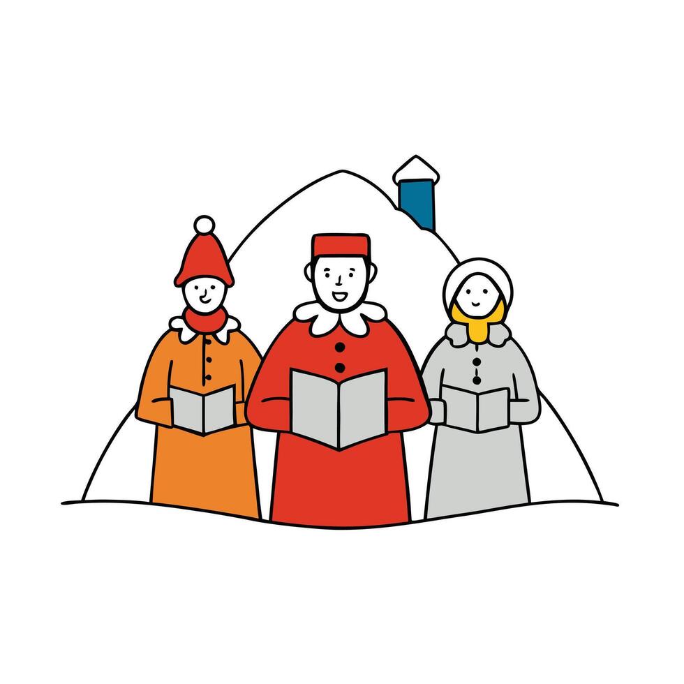Carolers Trio in Hats and Gowns Holding Books against White Background in Simple Line Art vector