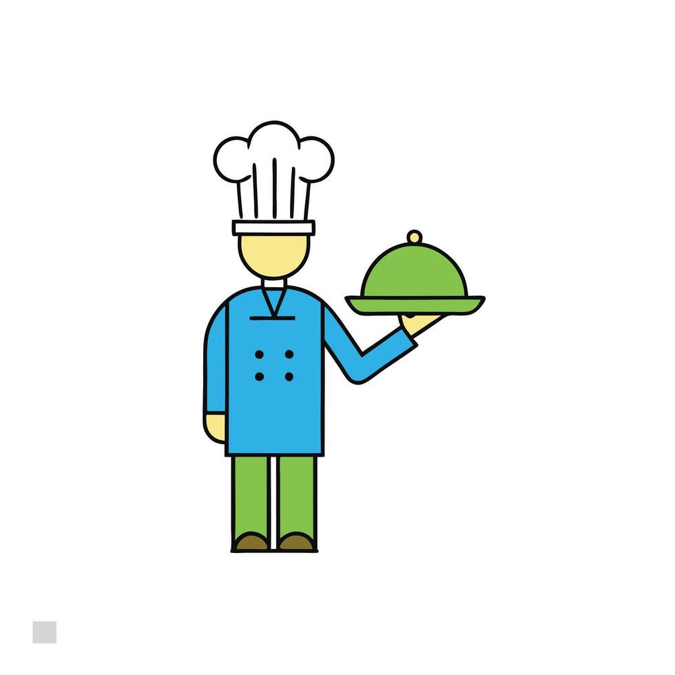 Cartoon chef holding green tray in blue uniform with chef hat character vector