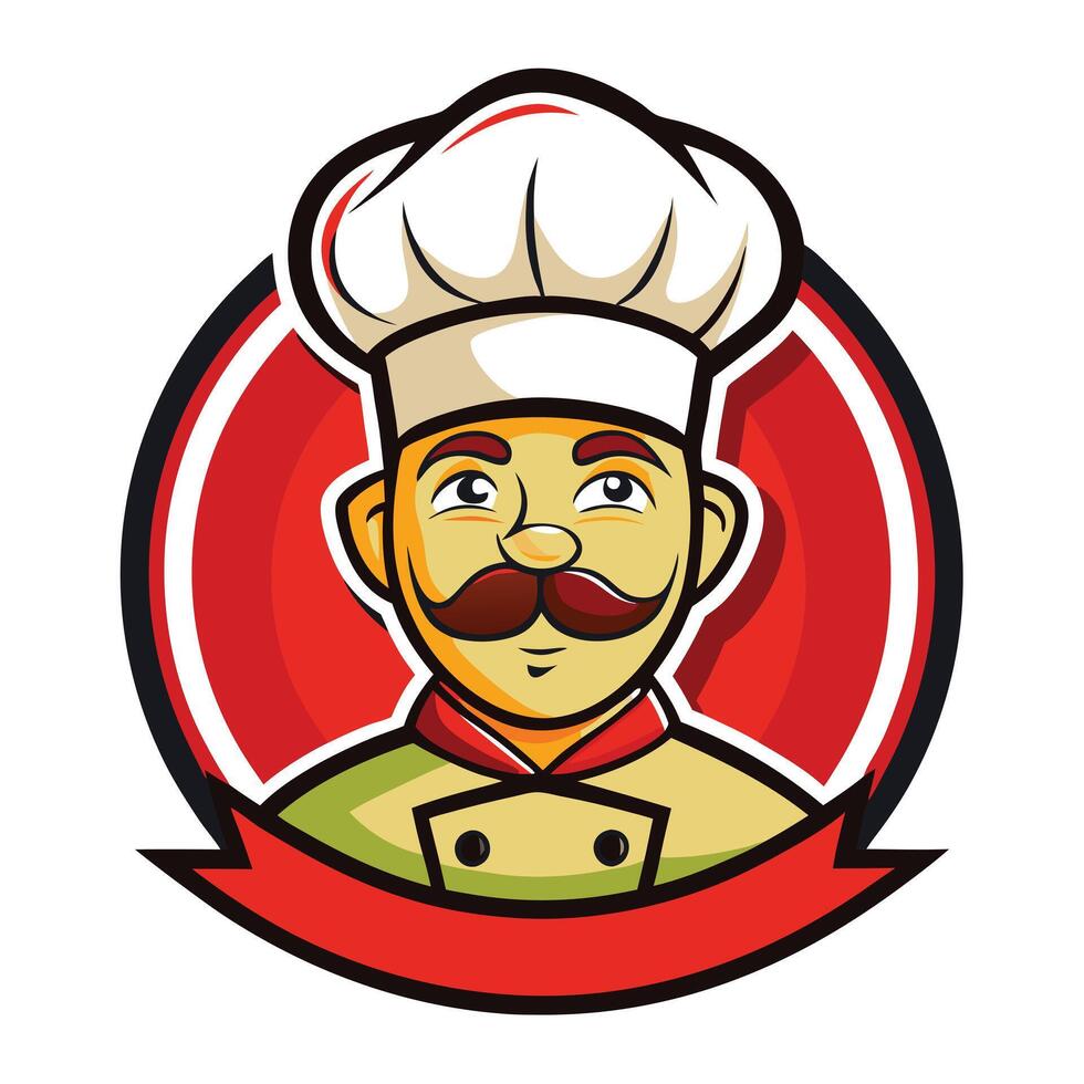 Cartoon Chef with Mustache and Hat Icon on Red Circular Background vector