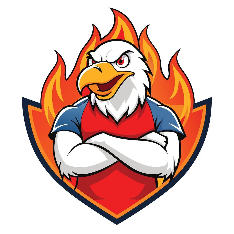 Cartoon Eagle Mascot with Folded Arms and Fiery Background on White Space vector