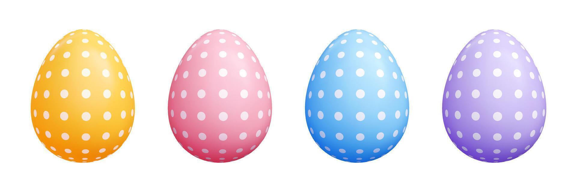 Polka dot 3D Easter eggs collection - pastel yellow, pink, blue, purple realistic egg shapes with white dots ornament. vector