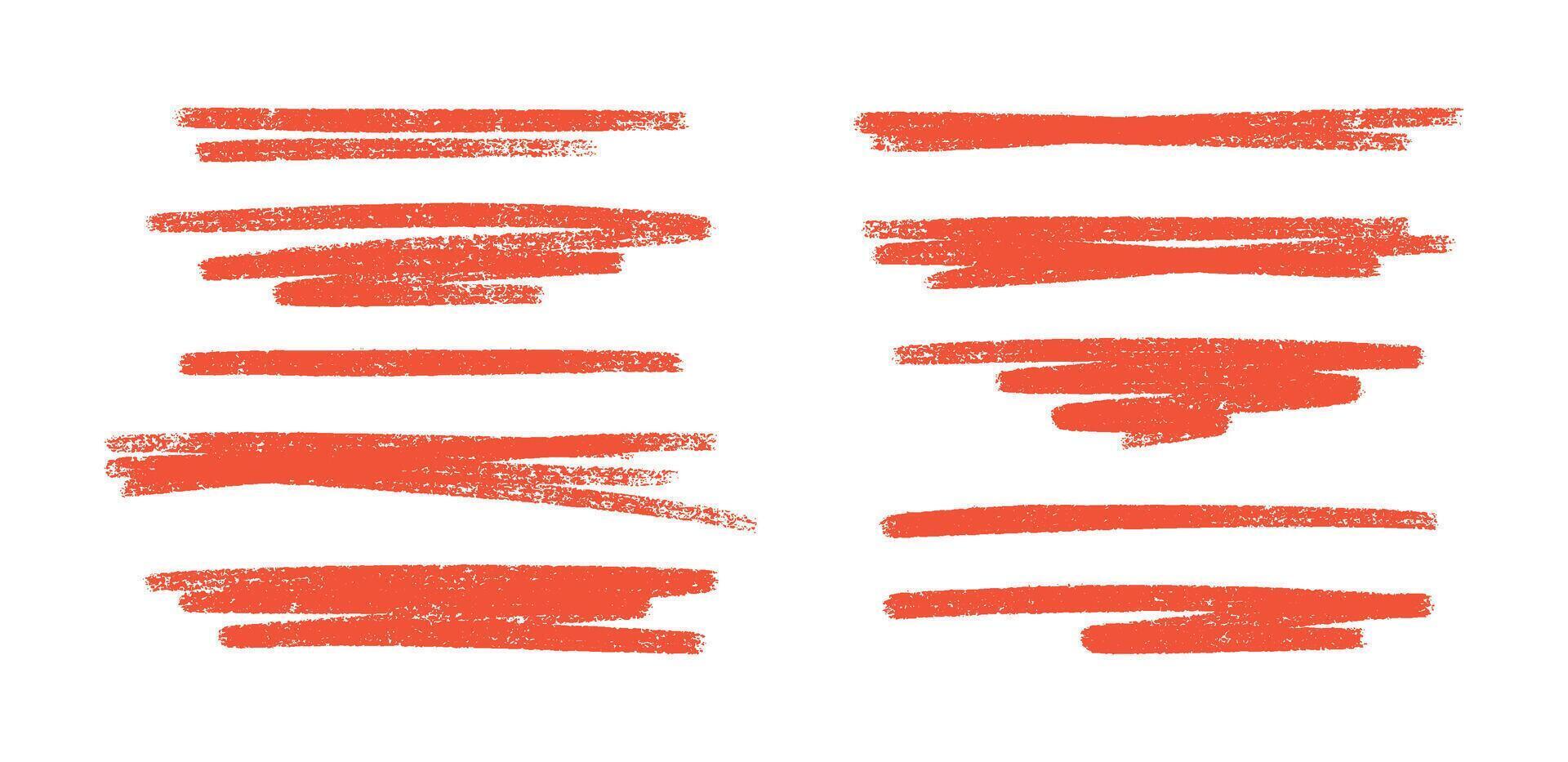 Crayon red brush stroke lines and underlines set - hand painted grunge borders, rough edges paint streaks. vector