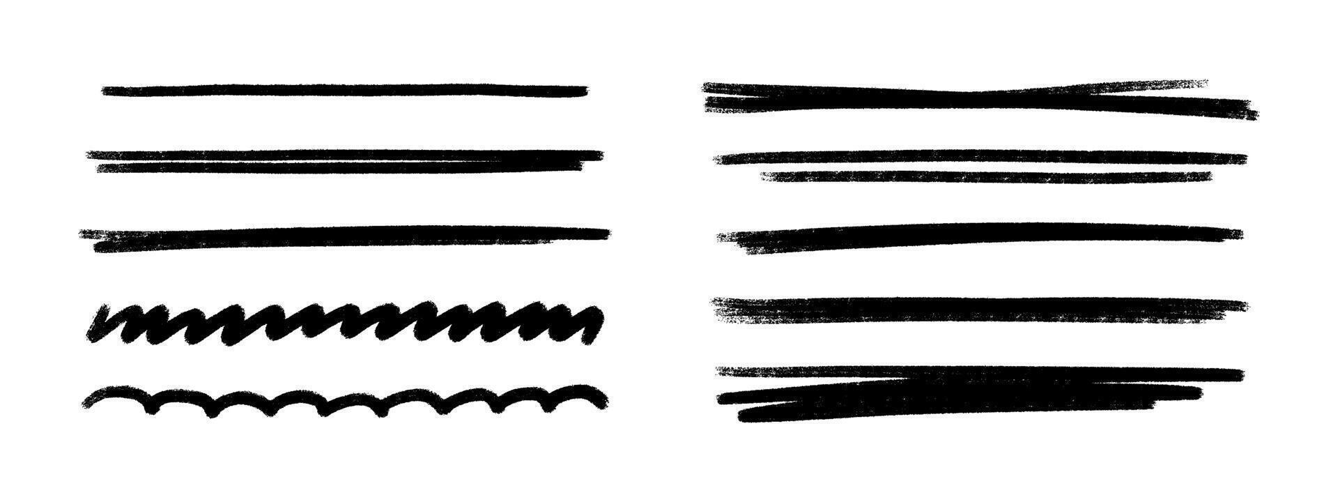 Black crayon stroke set - straight, wavy underlines and decorative borders. vector