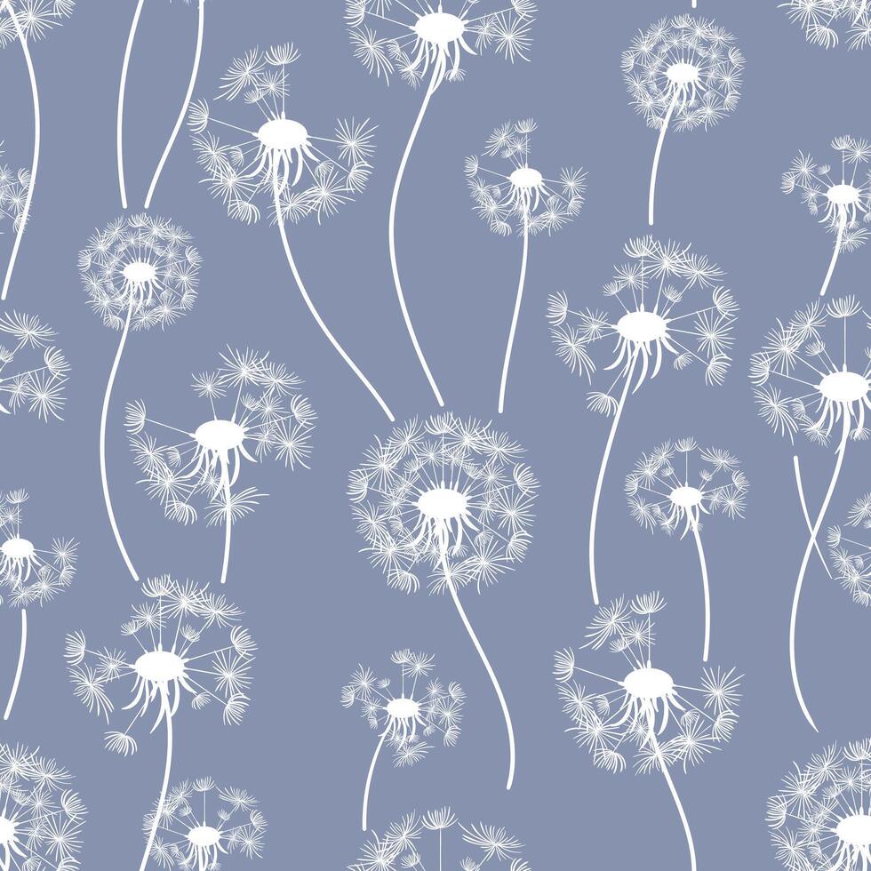 continuous pattern showcases soft dandelion shapes with seeds gently floating on a dark backdrop, offering a striking and elegant design ideal for fabrics, wall coverings, various artistic endeavors. vector