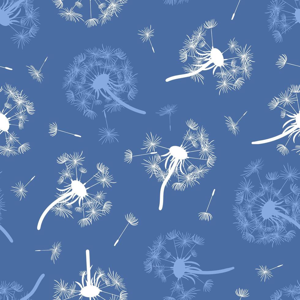 This whimsical dandelion pattern features intricate illustrations set against a beautiful blue background hue, creating a charming and uplifting design that is perfect for seasonal decor, textiles vector