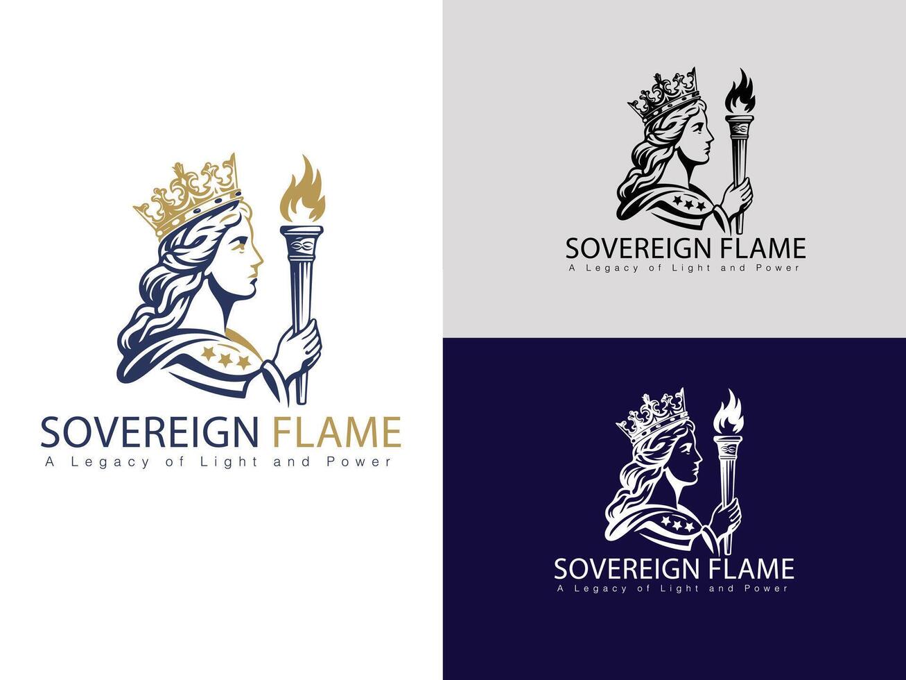 Sovereign Light Emblem A refined logo showcasing a queenly presence with a torch, representing authority, inspiration, and illumination. vector