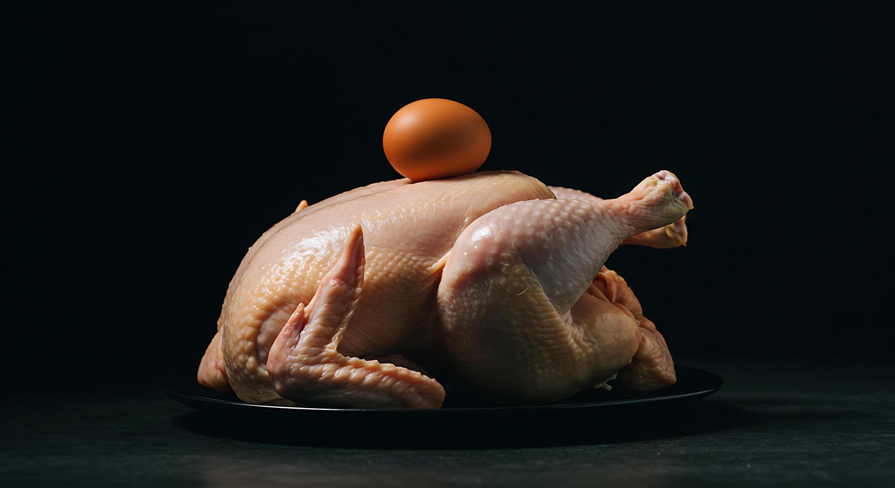Whole Raw Chicken with Egg on Top, Dark Background photo