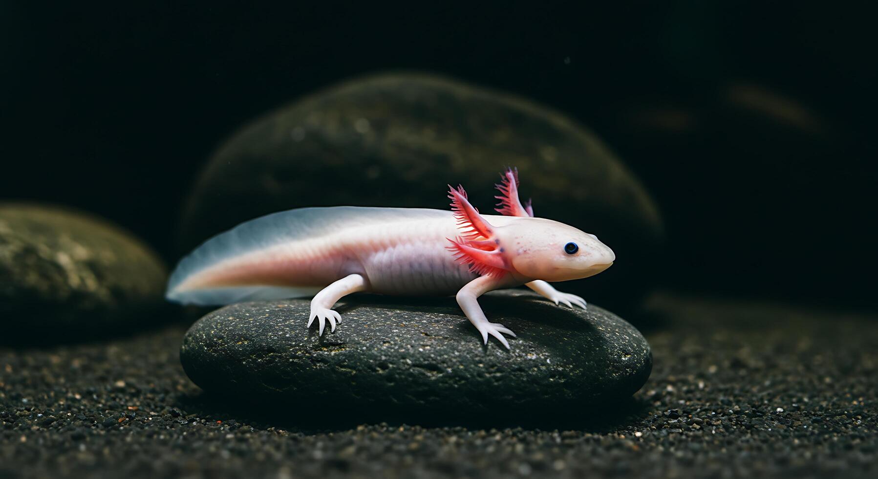 Albino Axolotl on Smooth Rocks in Dark Aquarium photo