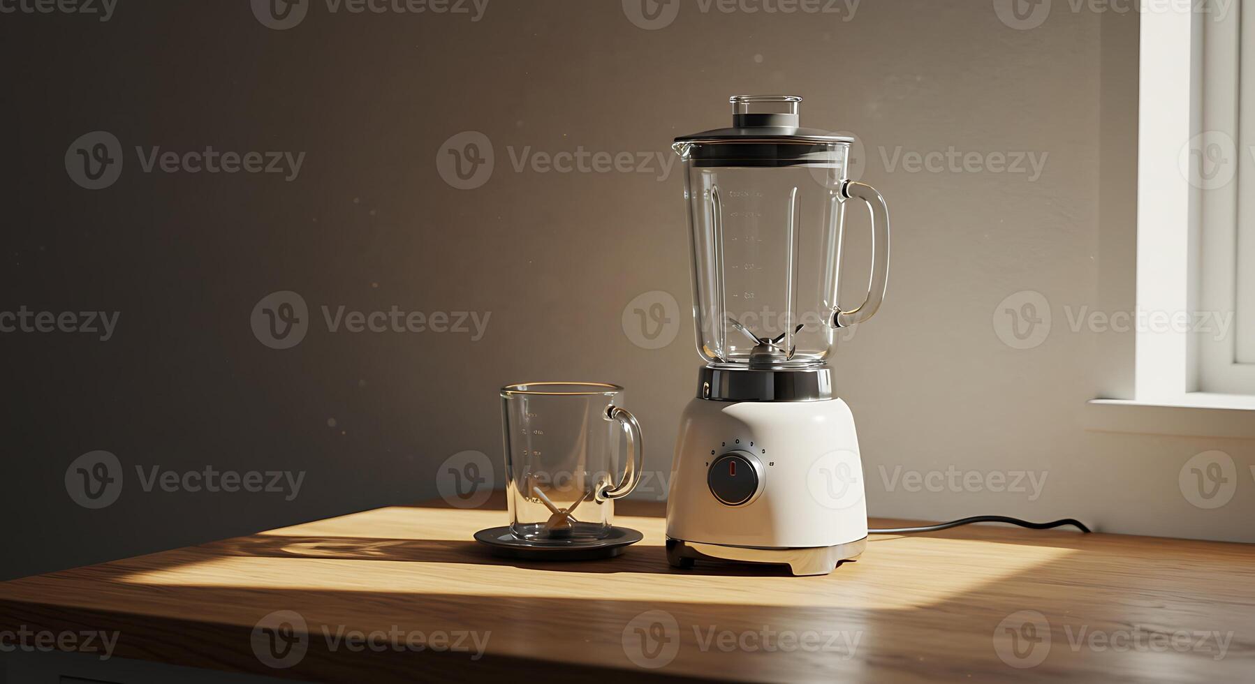 A Modern White Blender and Glass on a Wooden Table in Sunlight photo