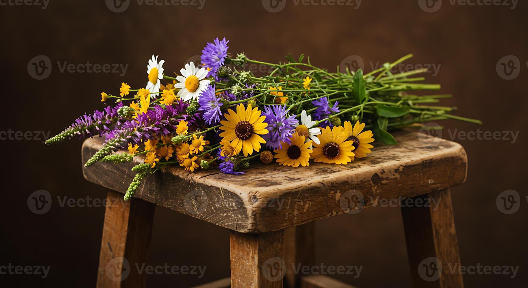 Wildflower Bouquet on Rustic Wooden Stool Still Life Photography photo